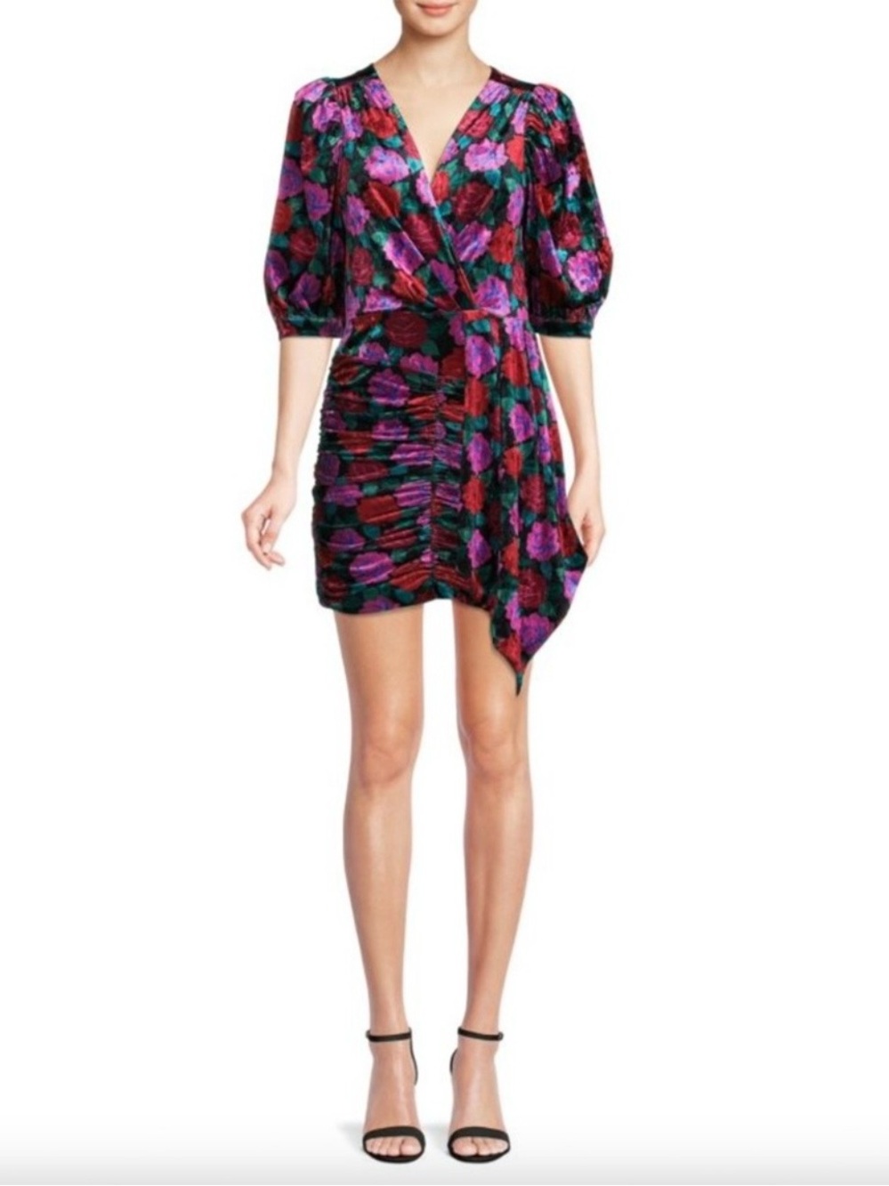 Ronny Kobo M Monica Velvet Floral Wrap Romper Puff Sleeve Holiday Party Dress